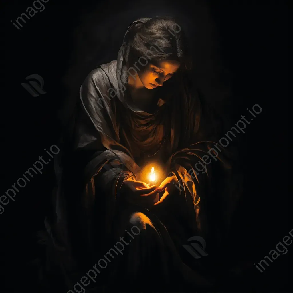 Grieving figure holding a brilliantly glowing ember in a chiaroscuro style painting - Image 1