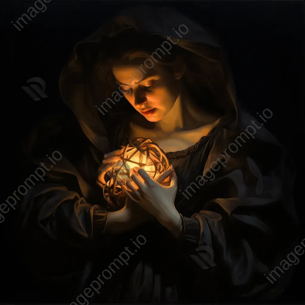 Grieving figure holding a brilliantly glowing ember in a chiaroscuro style painting - Image 2