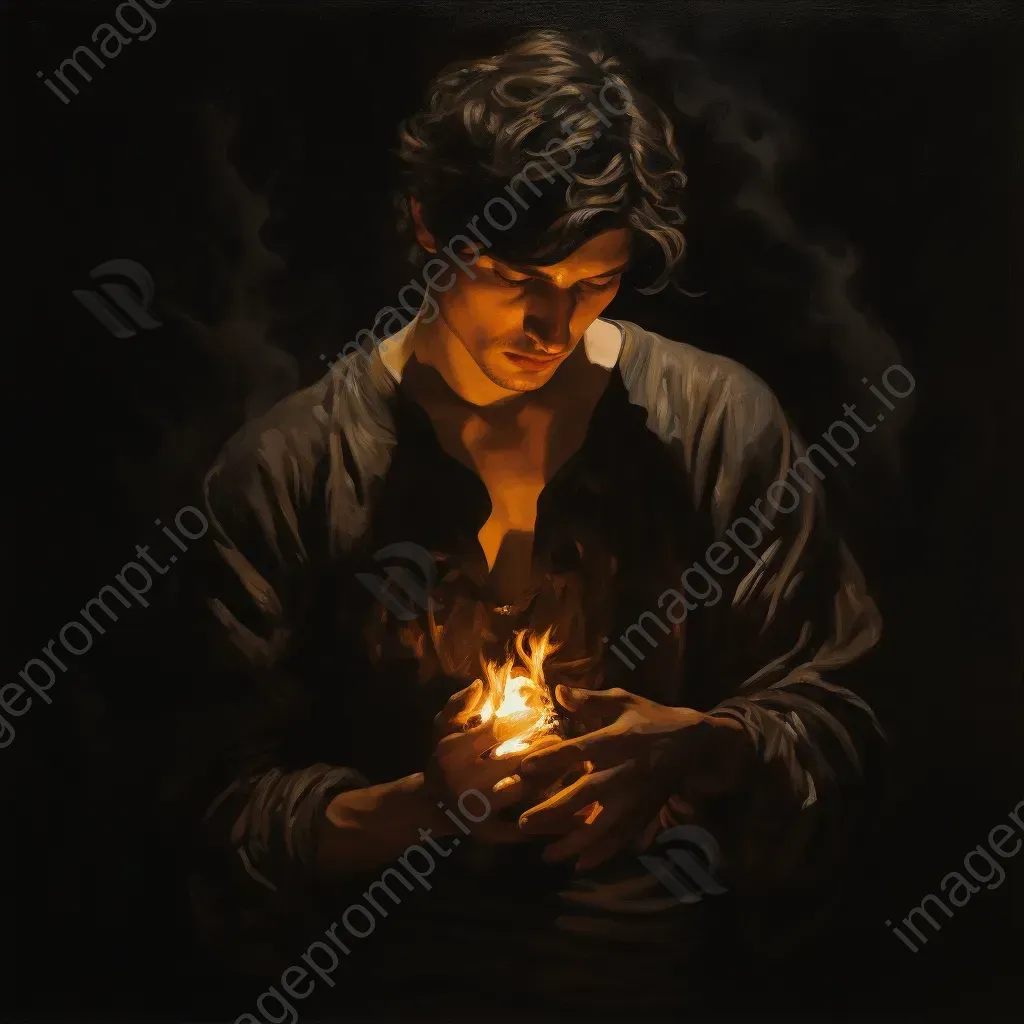 Grieving figure holding a brilliantly glowing ember in a chiaroscuro style painting - Image 3