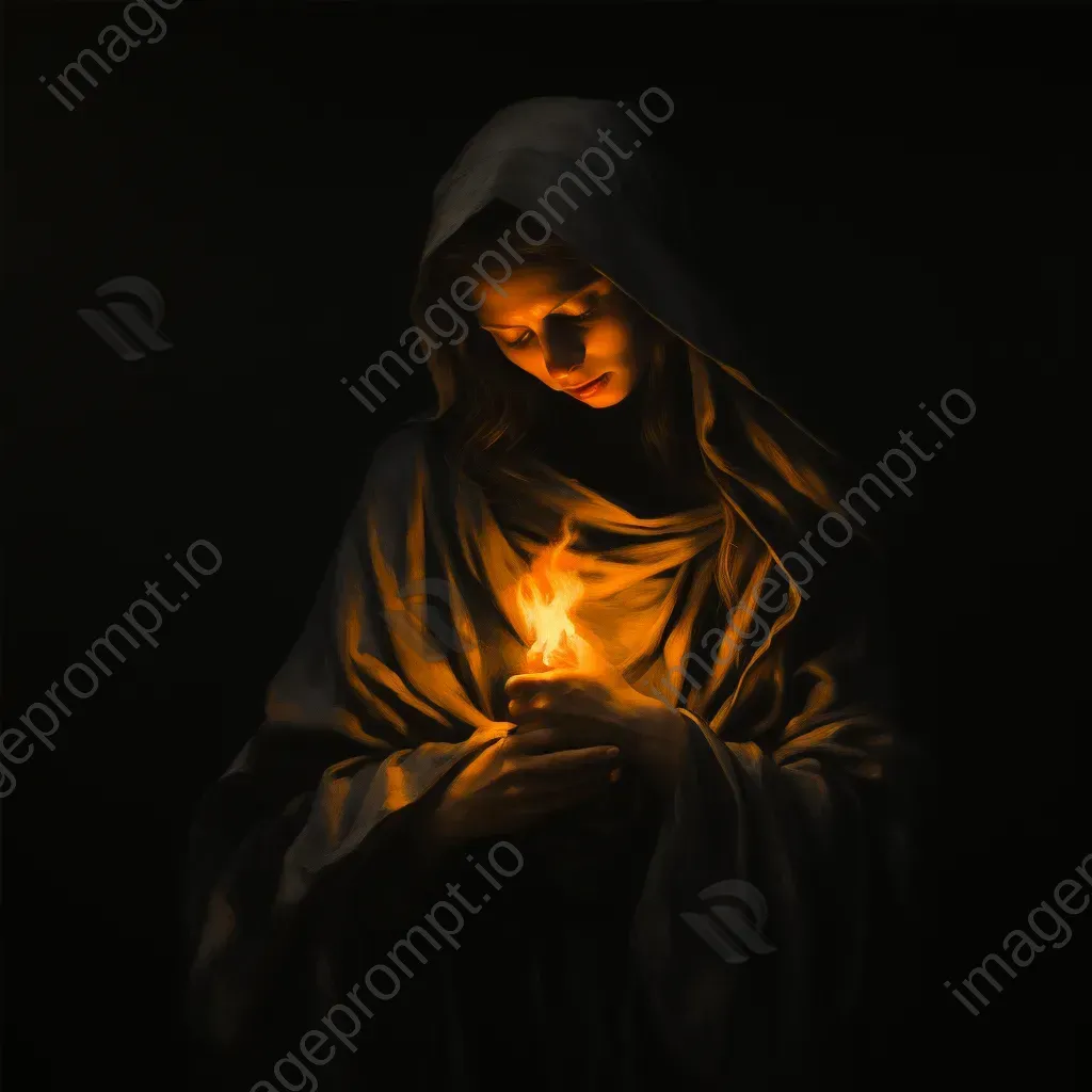 Grieving figure holding a brilliantly glowing ember in a chiaroscuro style painting - Image 4