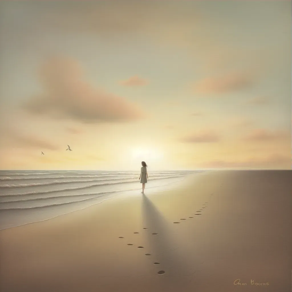 Solitary figure walking on a deserted beach at sunset, leaving footprints in the sand - Image 3