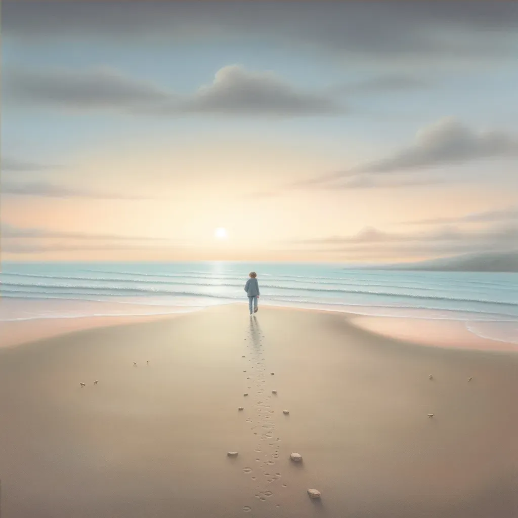 Solitary figure walking on a deserted beach at sunset, leaving footprints in the sand - Image 4