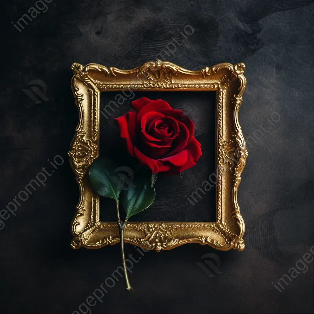 Velvet red rose in vintage golden frame against dark background - Image 1