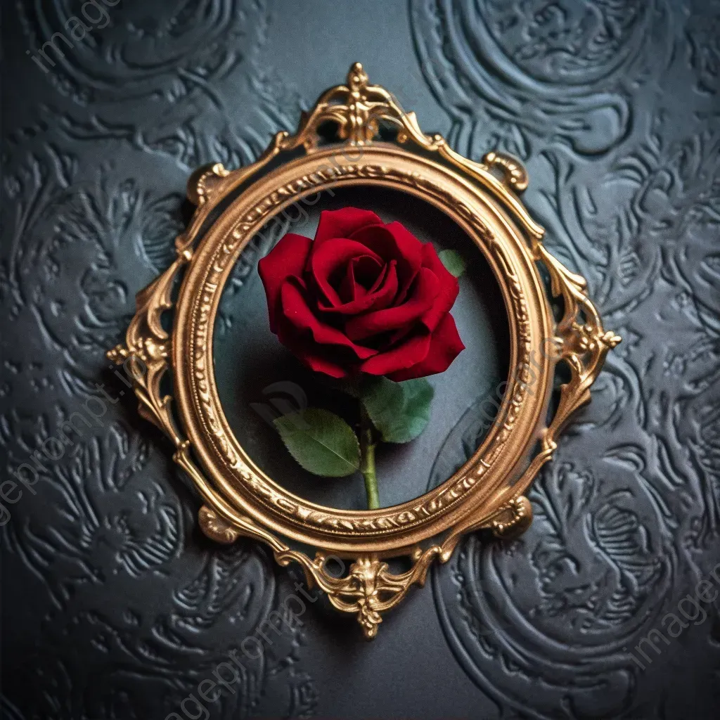 Velvet red rose in vintage golden frame against dark background - Image 2