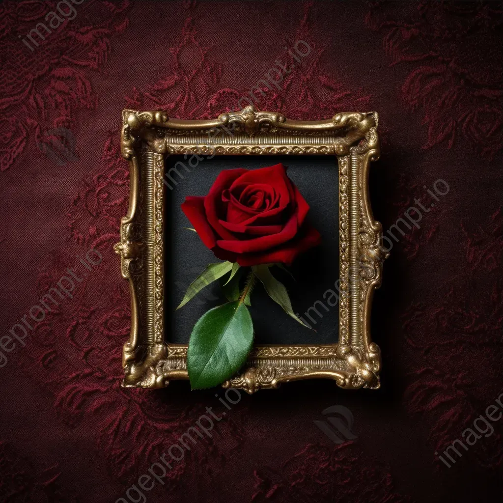 Velvet red rose in vintage golden frame against dark background - Image 3