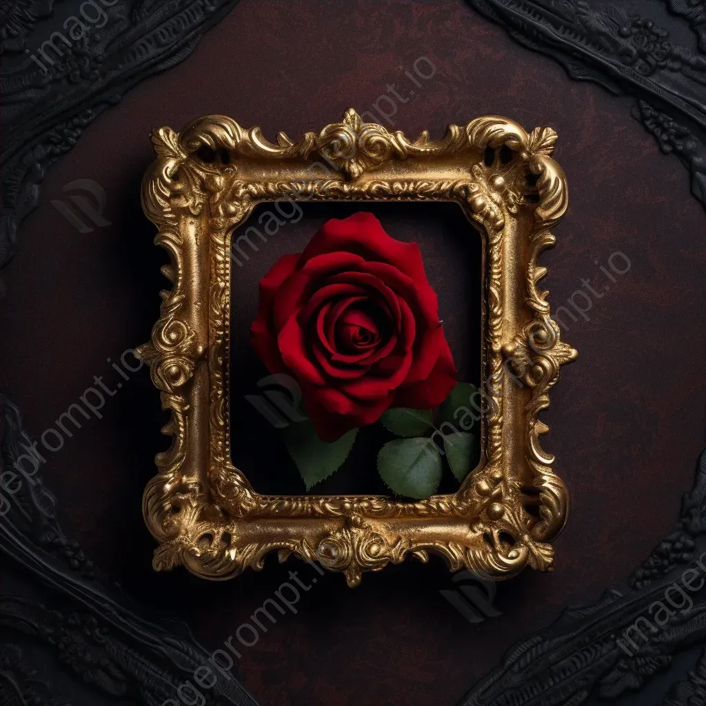 Velvet red rose in vintage golden frame against dark background - Image 4