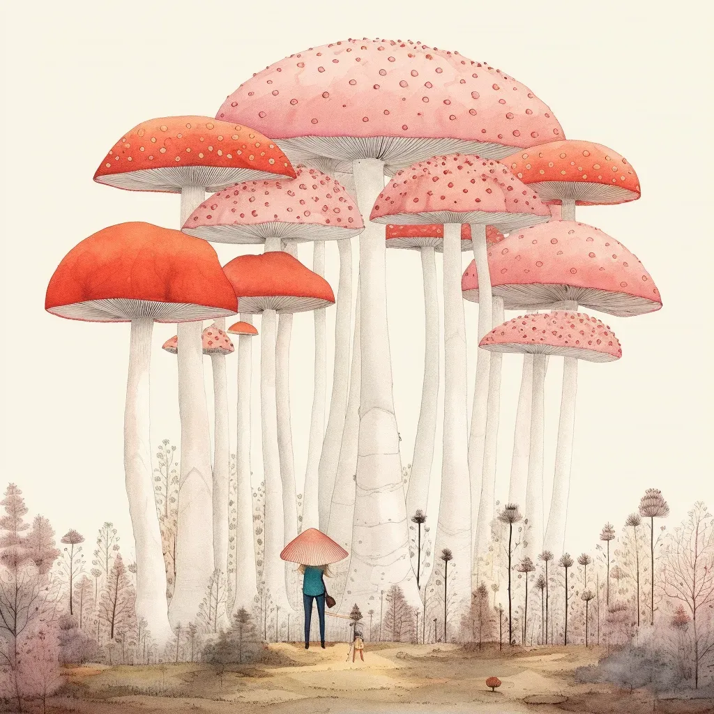 Colorful forest landscape with oversized mushrooms replacing trees - Image 1