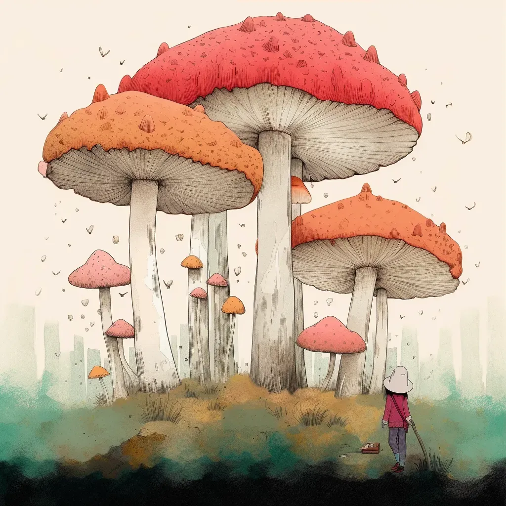 Colorful forest landscape with oversized mushrooms replacing trees - Image 3