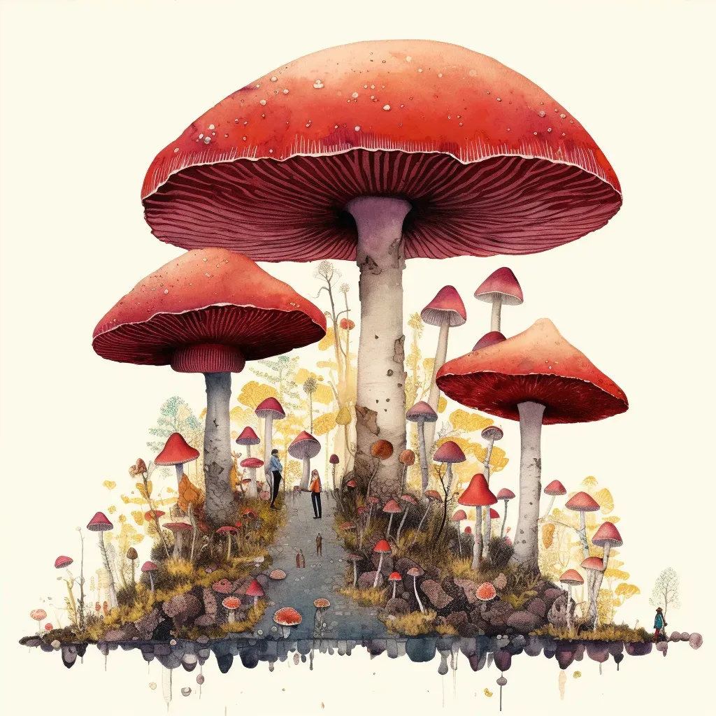 Colorful forest landscape with oversized mushrooms replacing trees - Image 4