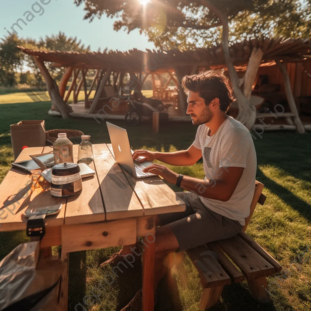 Freelancer working outdoors at a picnic table - Image 1