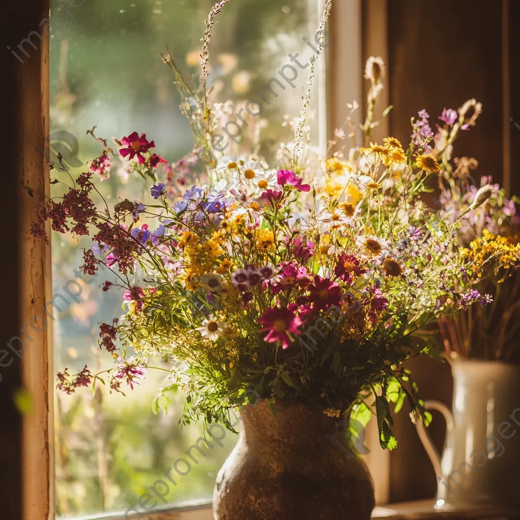 Close-up of wildflowers arranged in rustic vase - Image 1