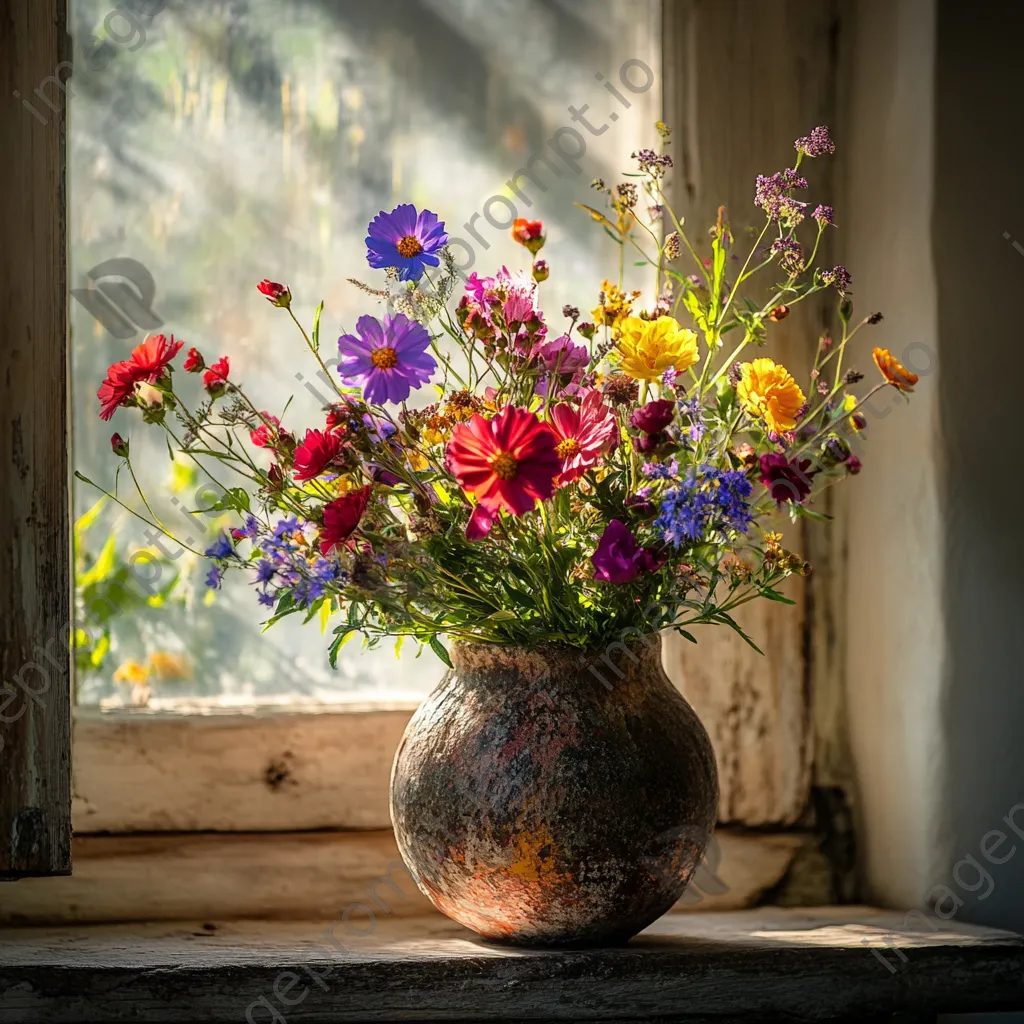 Close-up of wildflowers arranged in rustic vase - Image 2