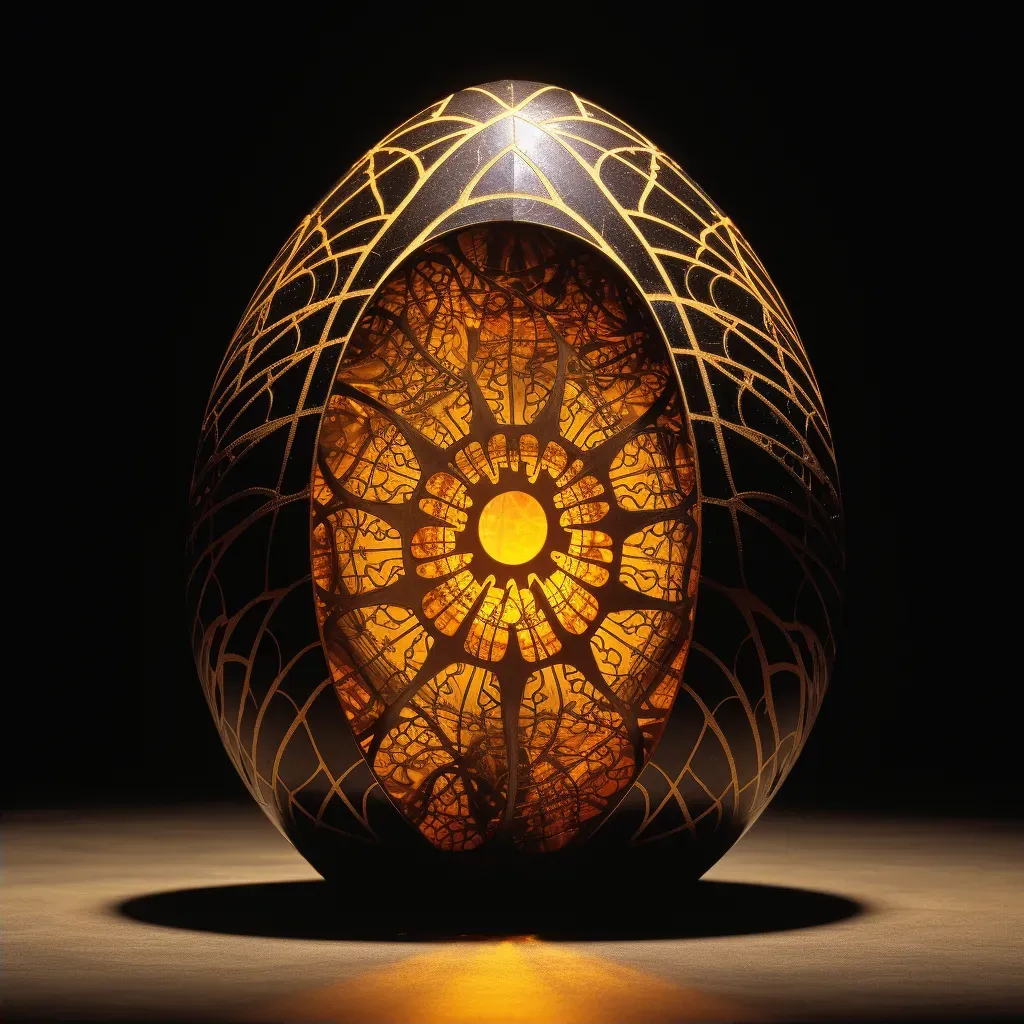 Intricate cosmic egg cracking open with golden light shining through - Image 2