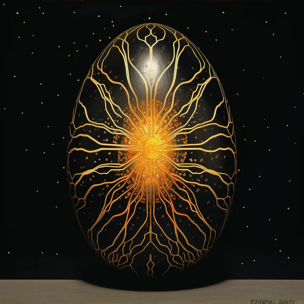 Intricate cosmic egg cracking open with golden light shining through - Image 4