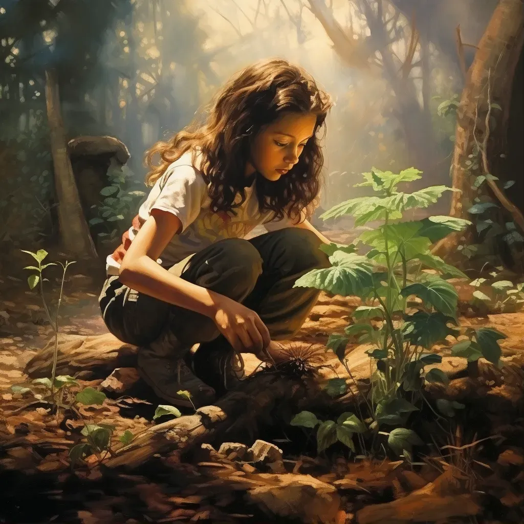 Image of a girl planting tree in a verdant forest - Image 1