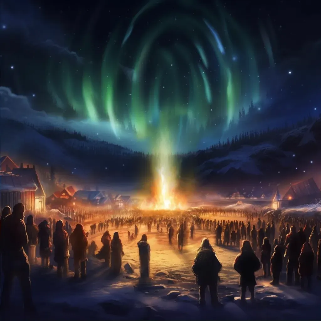 Image of a festival with people around a bonfire and Northern Lights in the sky - Image 2