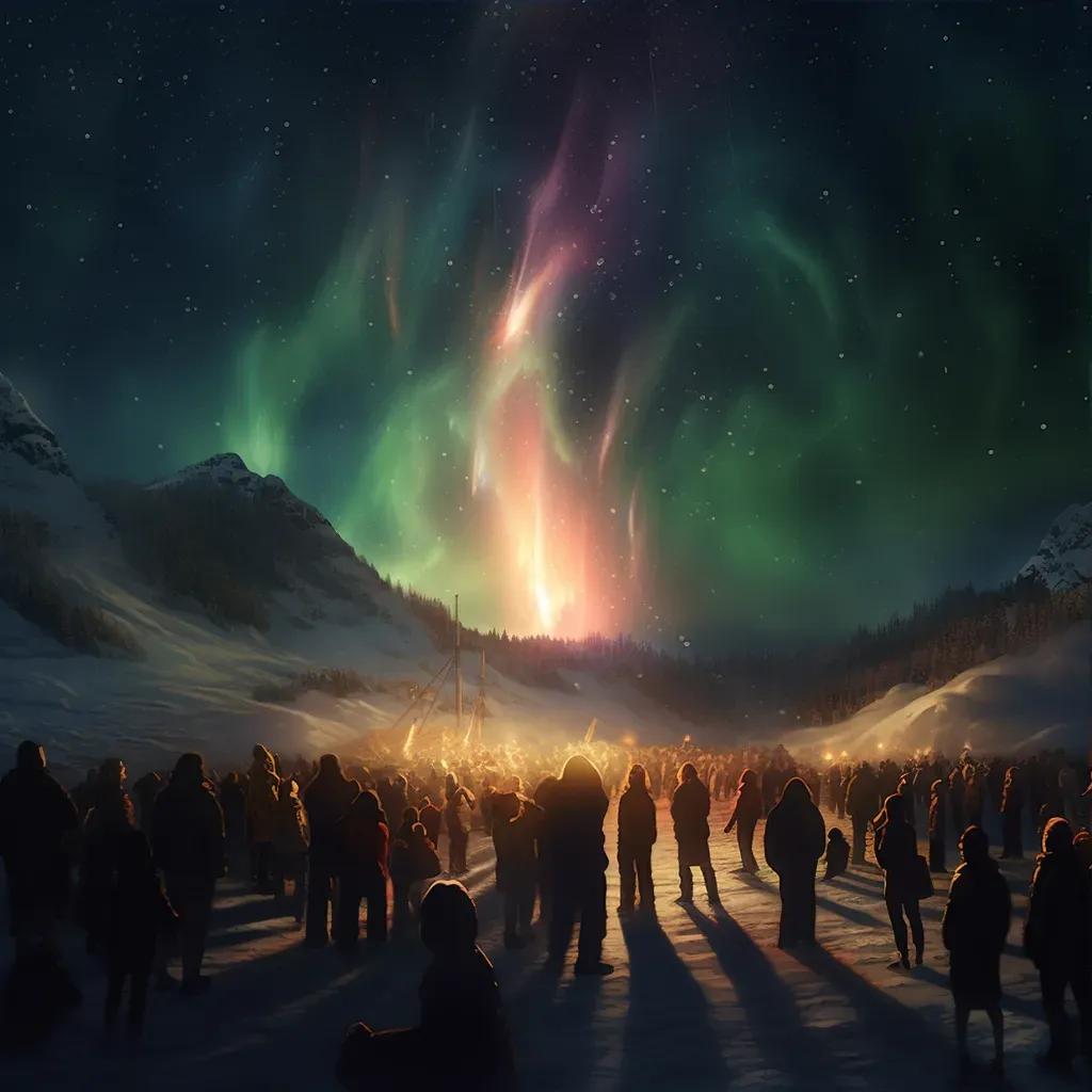 Image of a festival with people around a bonfire and Northern Lights in the sky - Image 3