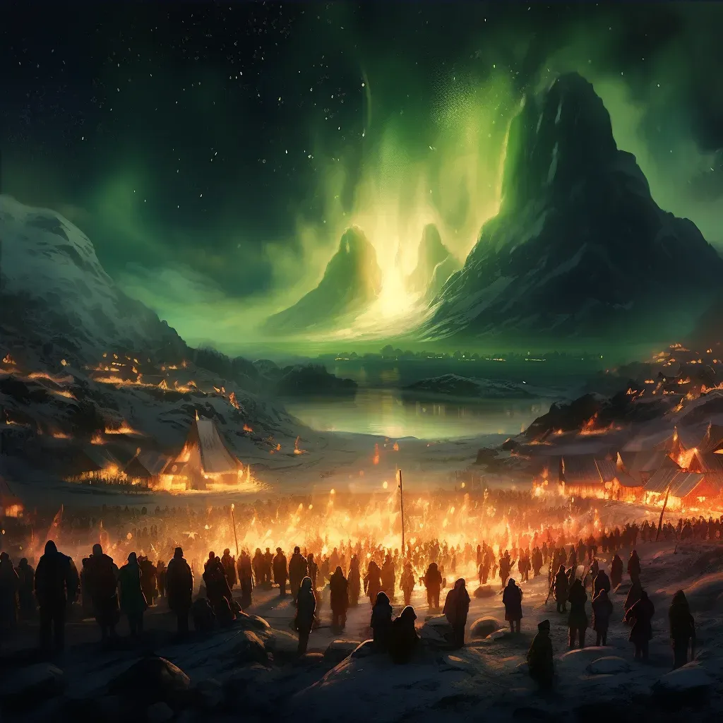 Image of a festival with people around a bonfire and Northern Lights in the sky - Image 4