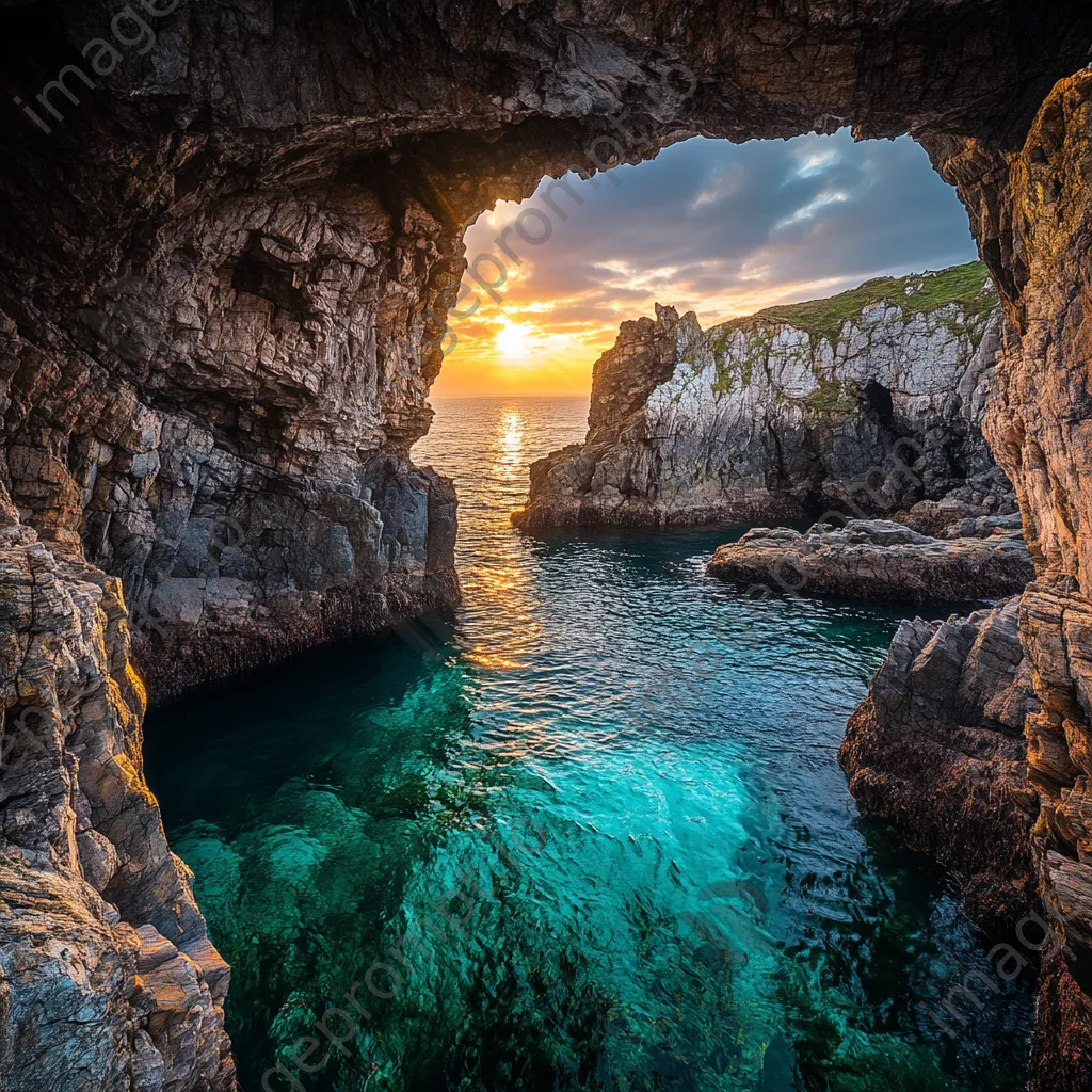 Coastal caves with turquoise waters at sunset - Image 2