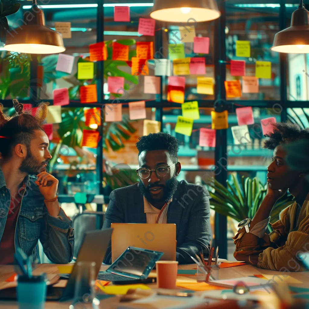 Colleagues brainstorming product ideas together with laptops and sticky notes in a bright room. - Image 1