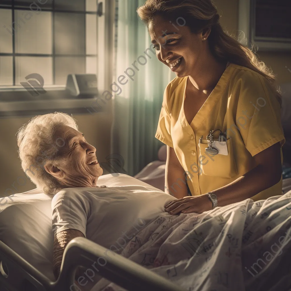 Nurse smiling while assisting elderly patient in hospital - Image 1