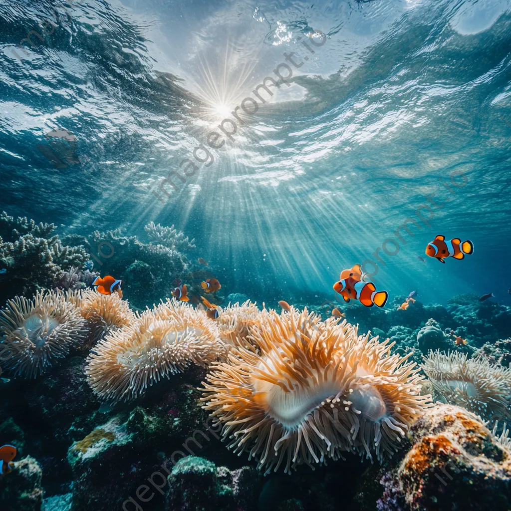 Underwater shot of clownfish swimming among colorful sea anemones. - Image 1