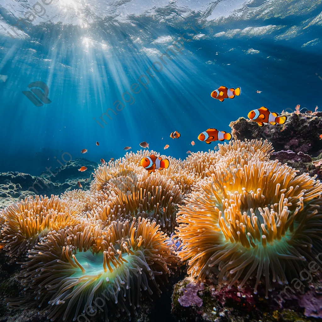 Underwater shot of clownfish swimming among colorful sea anemones. - Image 2