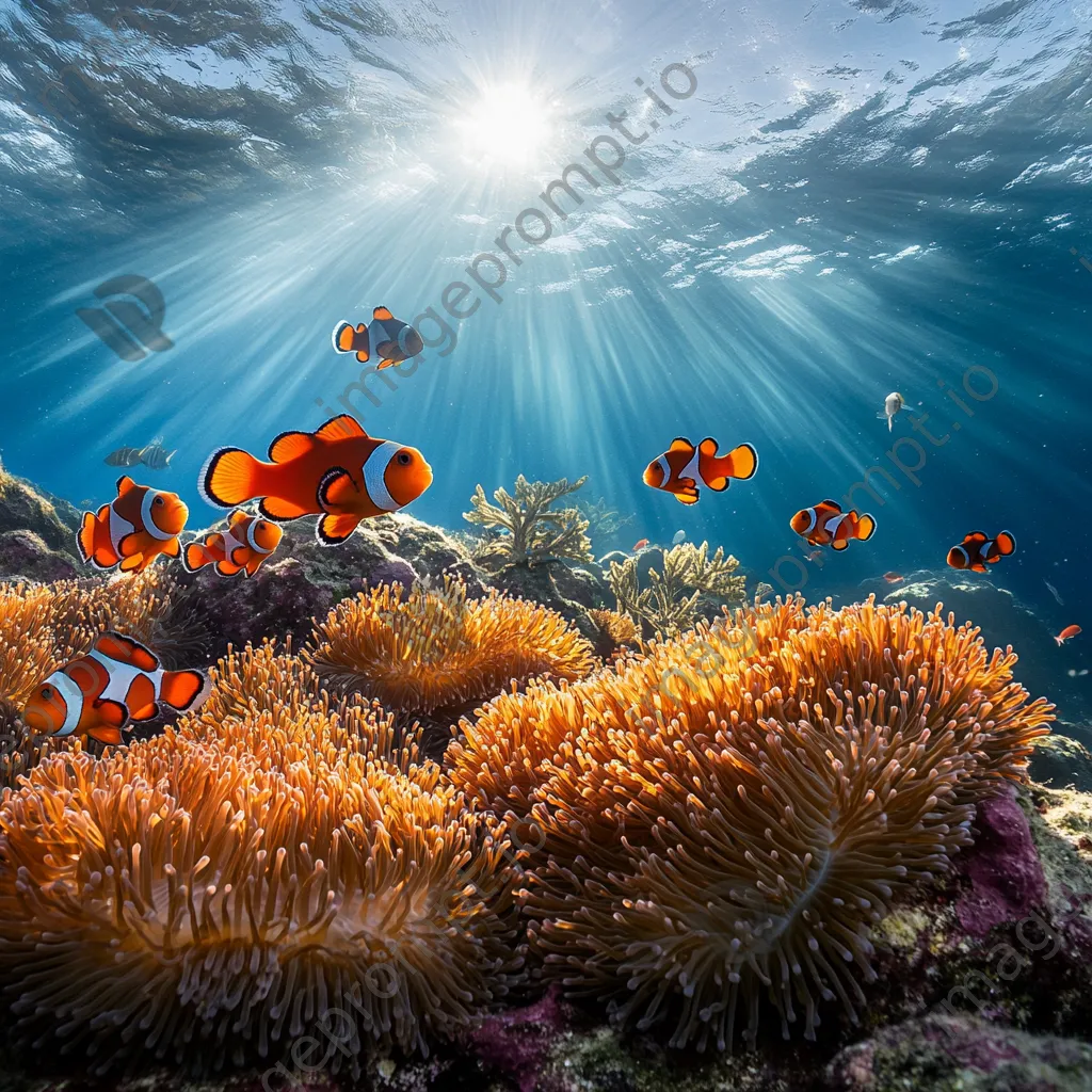 Underwater shot of clownfish swimming among colorful sea anemones. - Image 3