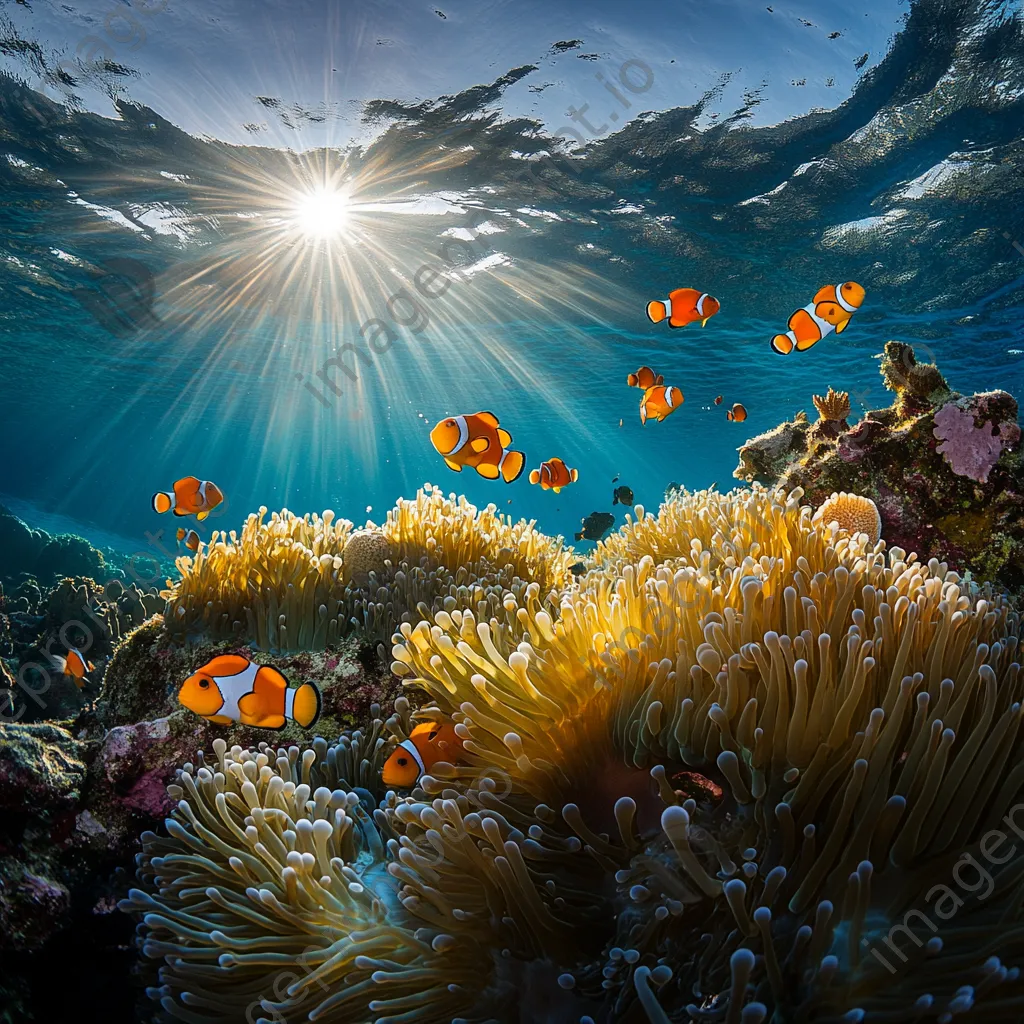 Underwater shot of clownfish swimming among colorful sea anemones. - Image 4