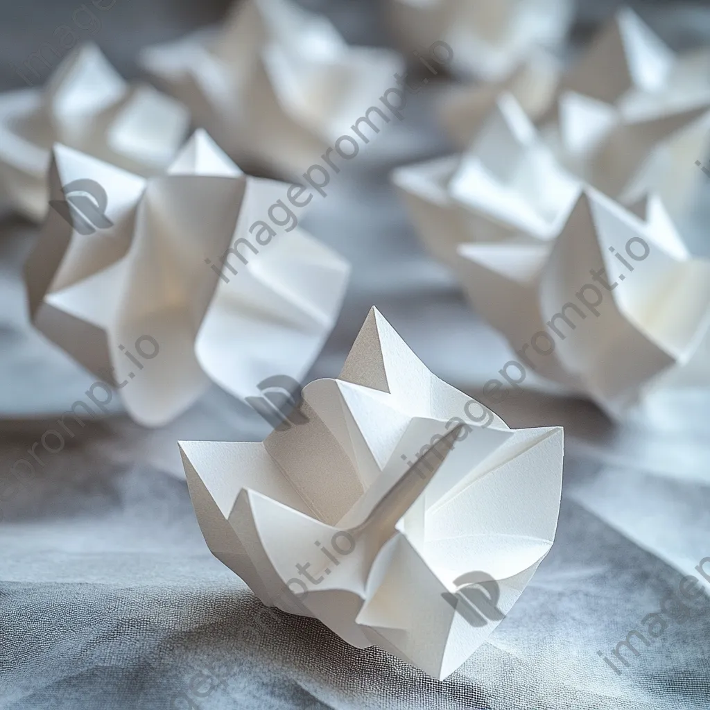 White origami shapes arranged on a textured grey surface. - Image 2