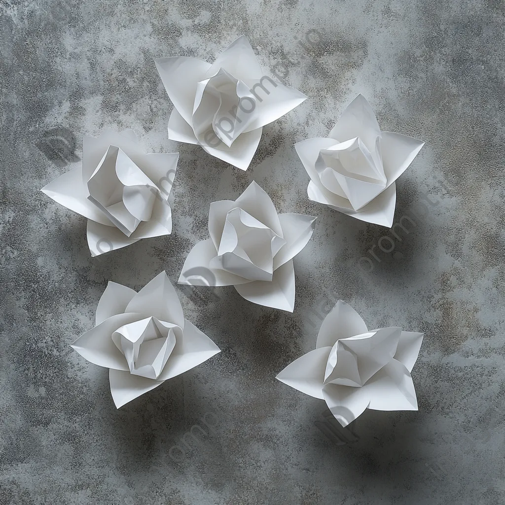 White origami shapes arranged on a textured grey surface. - Image 4