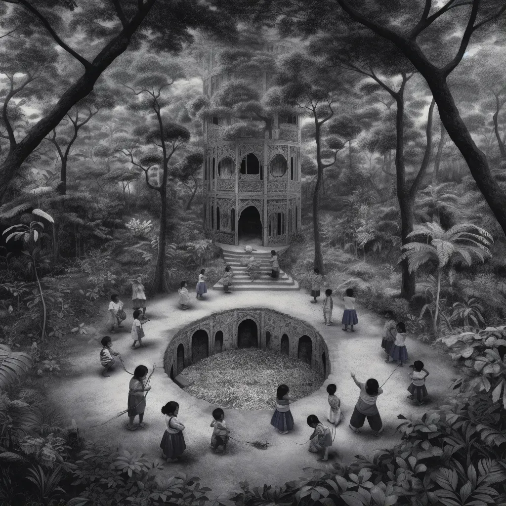 Artistic depiction of children exploring a backyard jungle with hidden temples - Image 1