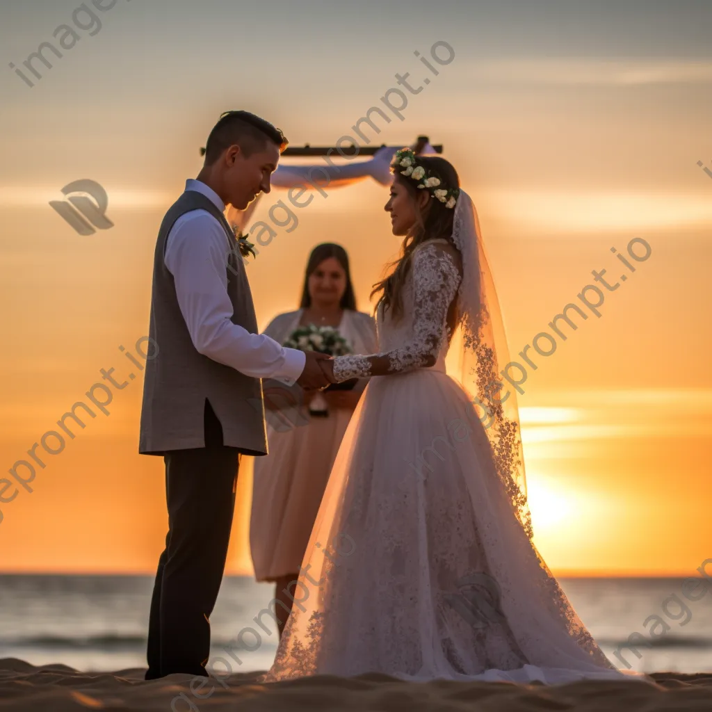 Couple exchanging vows during a sunset beach wedding. - Image 1