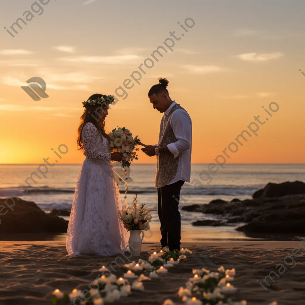 Couple exchanging vows during a sunset beach wedding. - Image 2