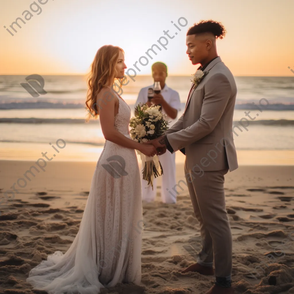 Couple exchanging vows during a sunset beach wedding. - Image 3