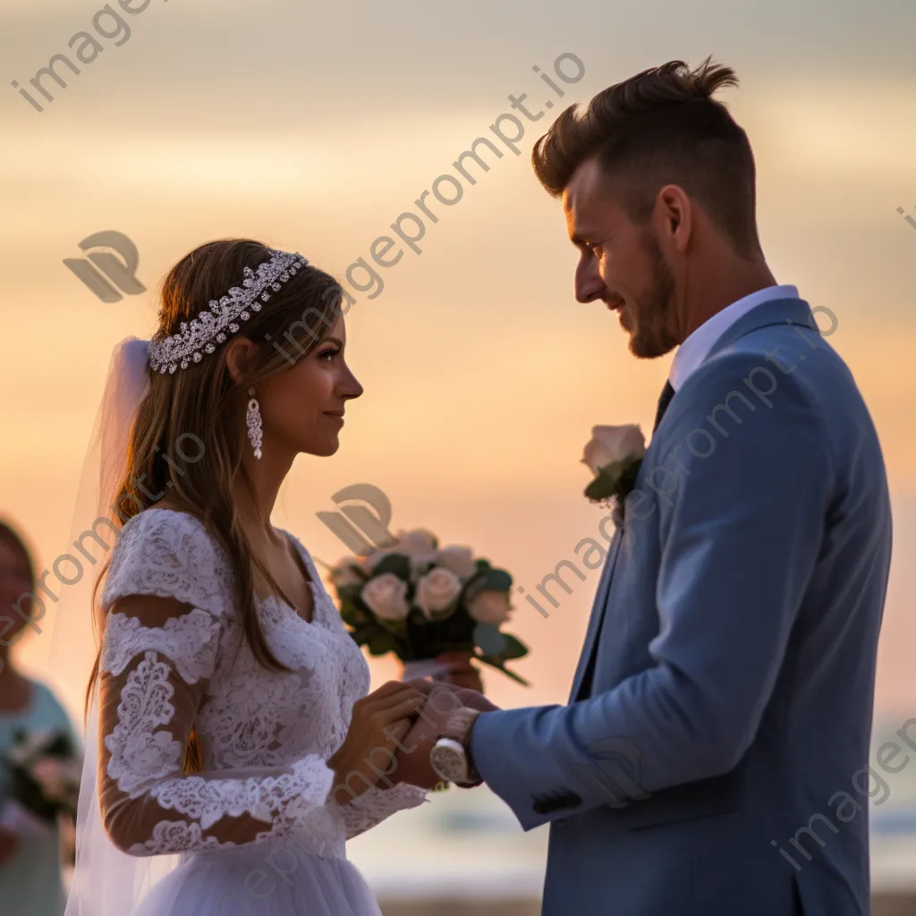 Couple exchanging vows during a sunset beach wedding. - Image 4