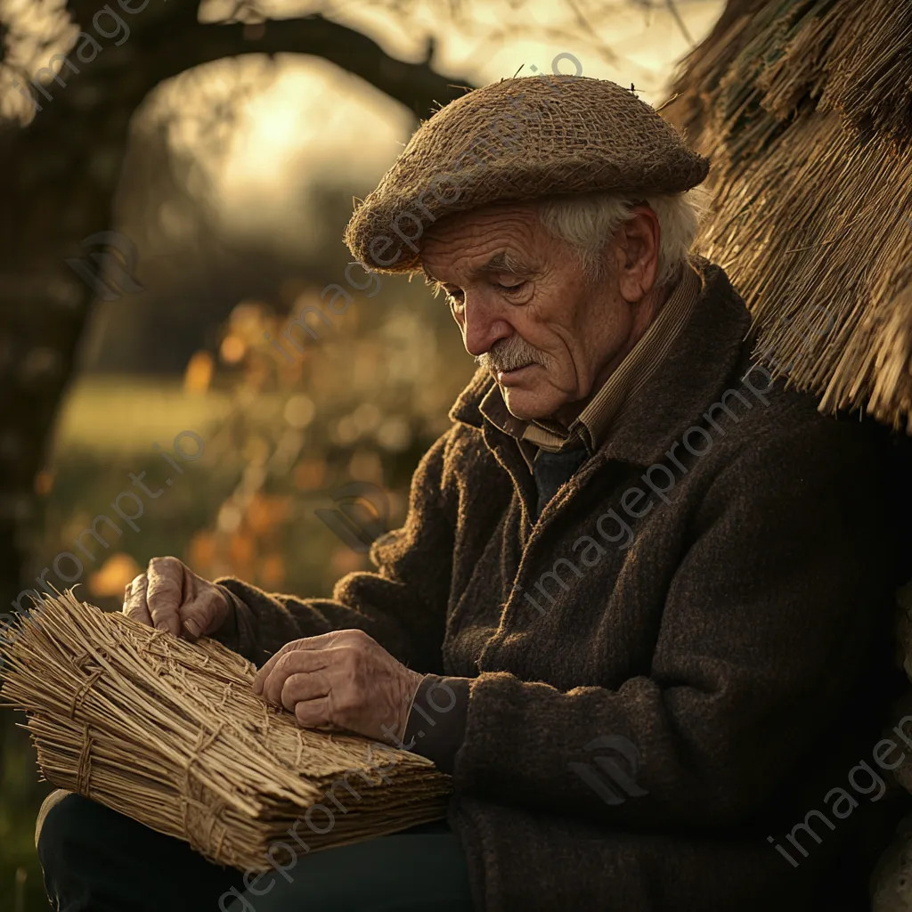 Elderly thatcher sharing stories by a thatched roof - Image 1