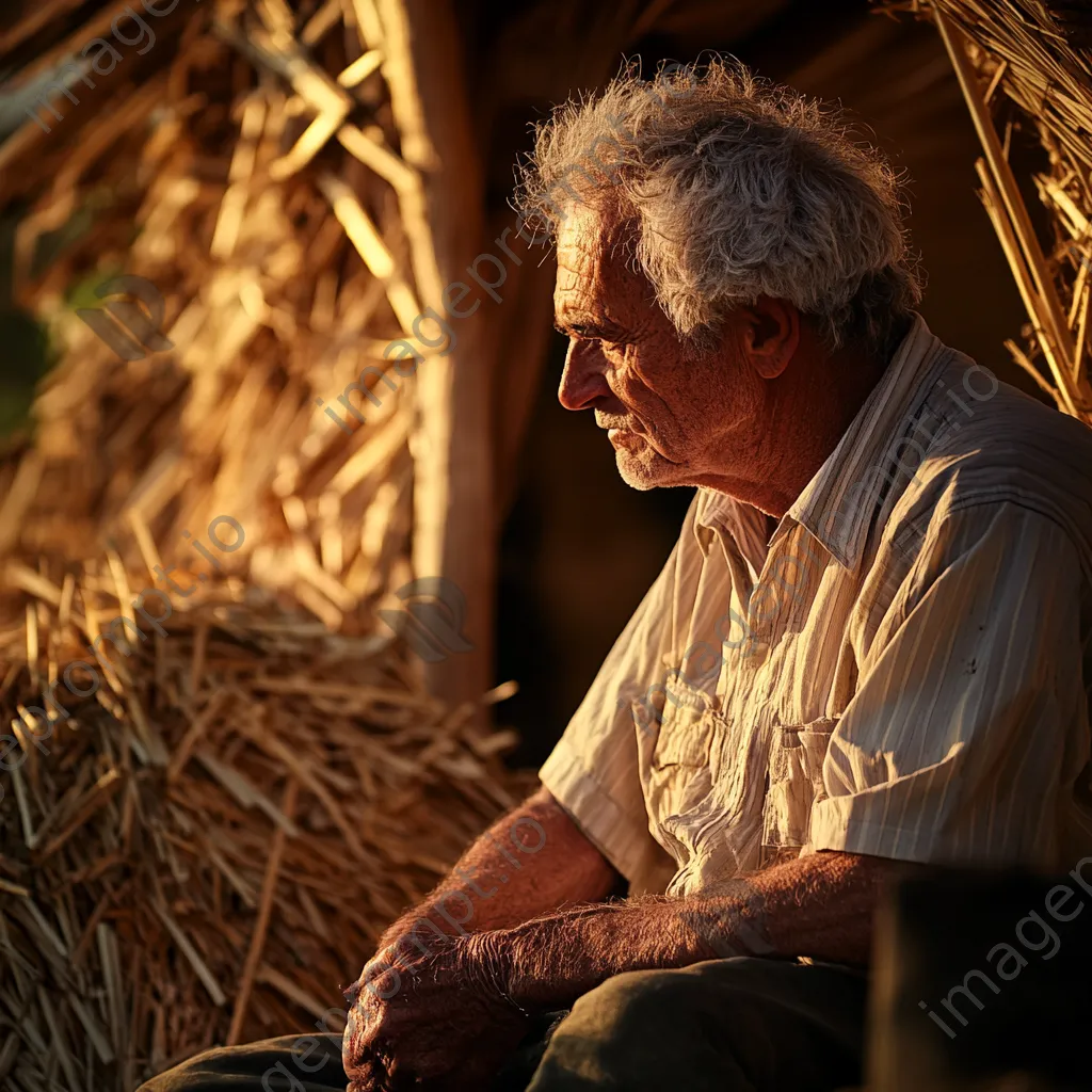 Elderly thatcher sharing stories by a thatched roof - Image 4