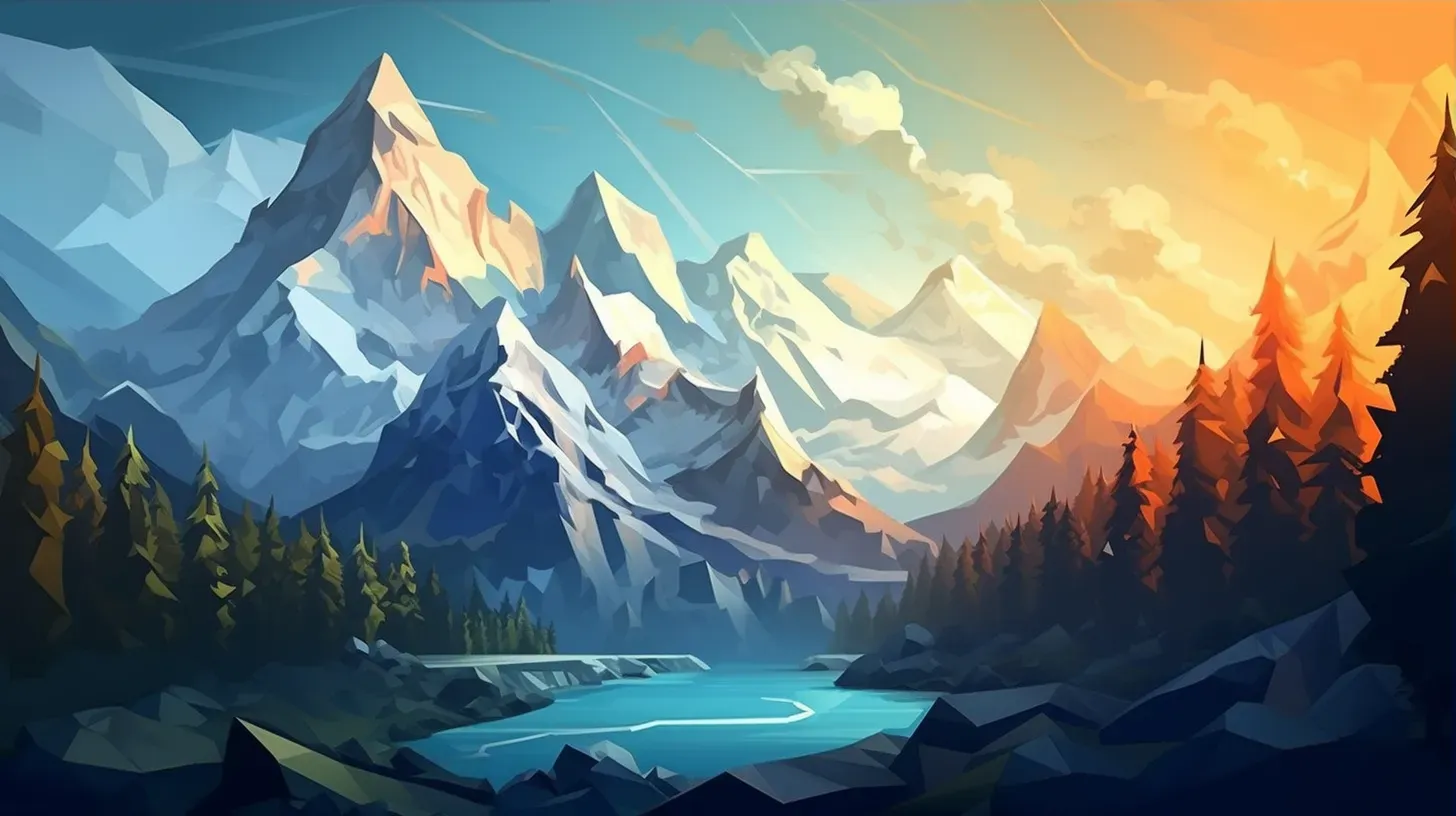 Triangular low poly mountainscape in cool tones with metallic texture - Image 3