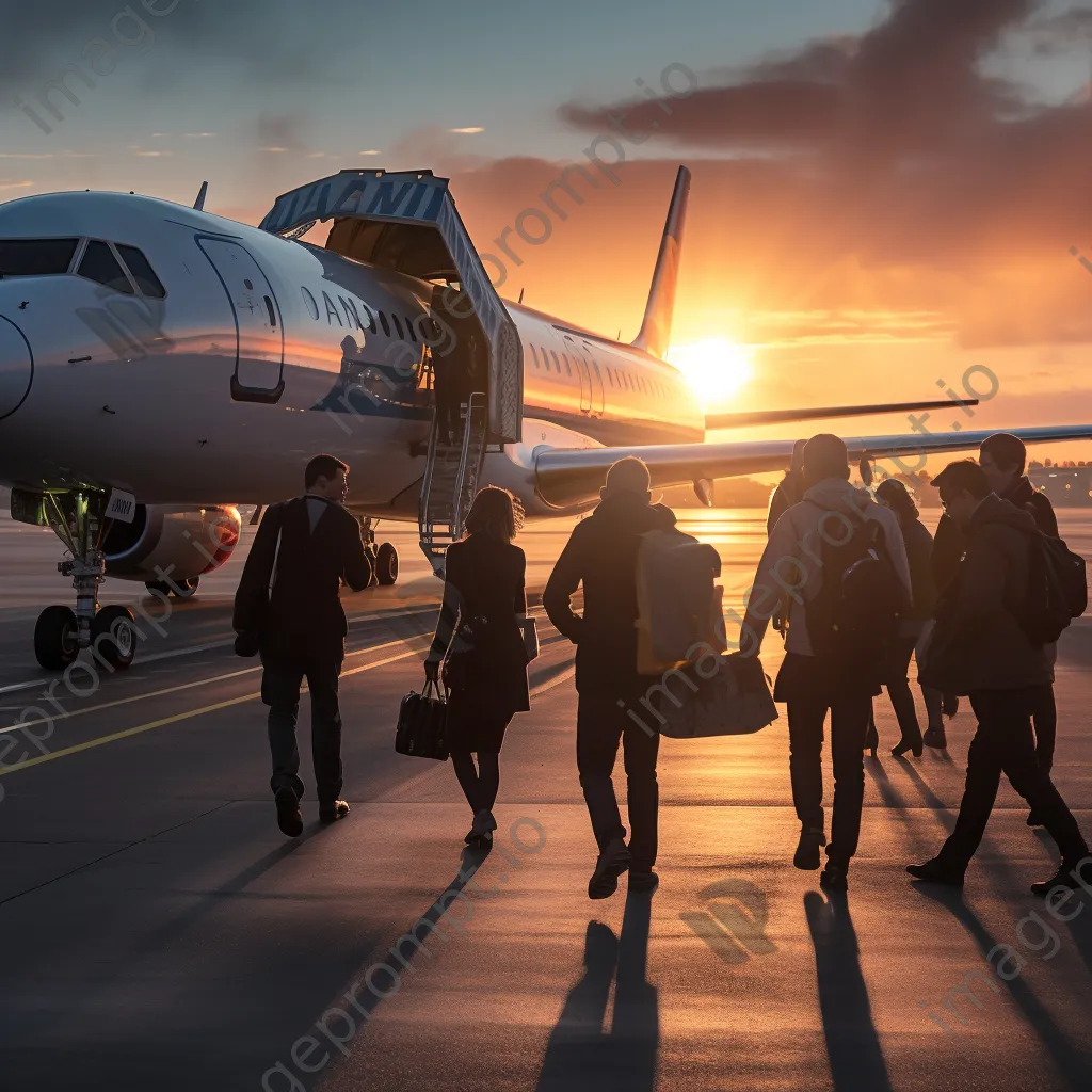 Group of passengers boarding an airplane with luggage - Image 1