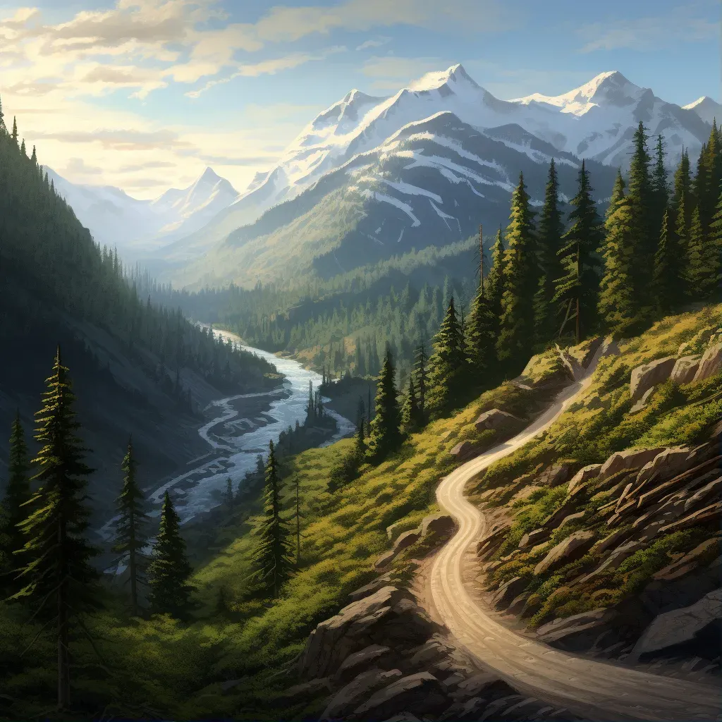 Winding road through mountain landscape with evergreen trees - Image 1