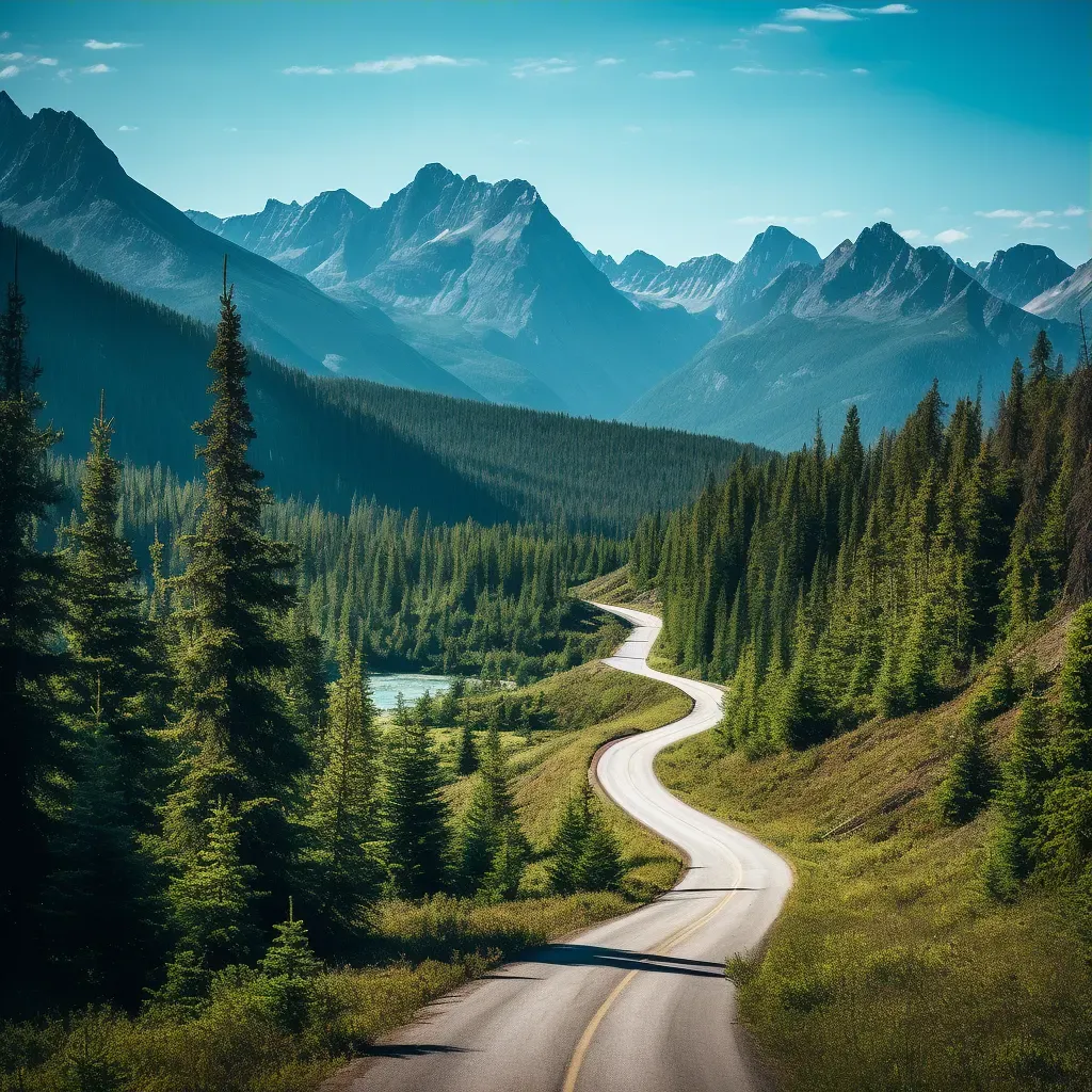 Winding road through mountain landscape with evergreen trees - Image 3