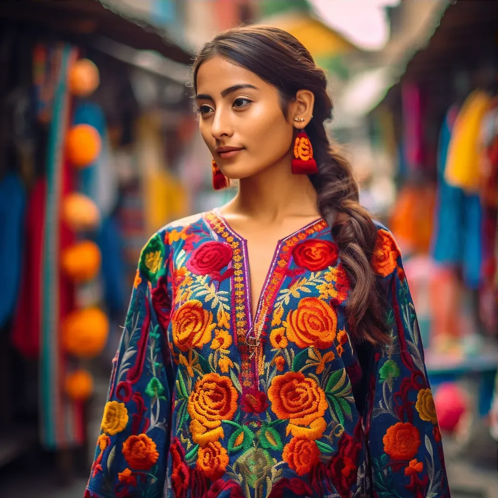 Mexican woman in a colorful huipil dress at a vibrant market - Image 3