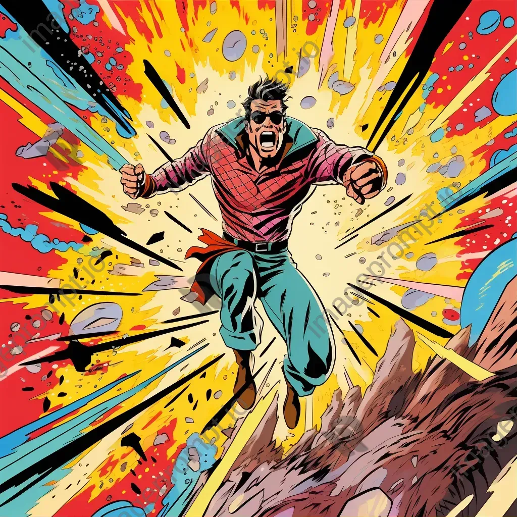 Vibrant pop-art scene of a superhero leaping from an explosion - Image 1