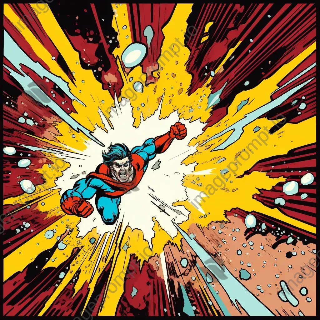 Vibrant pop-art scene of a superhero leaping from an explosion - Image 2