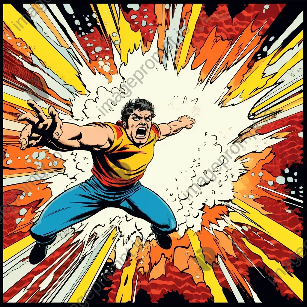 Vibrant pop-art scene of a superhero leaping from an explosion - Image 4