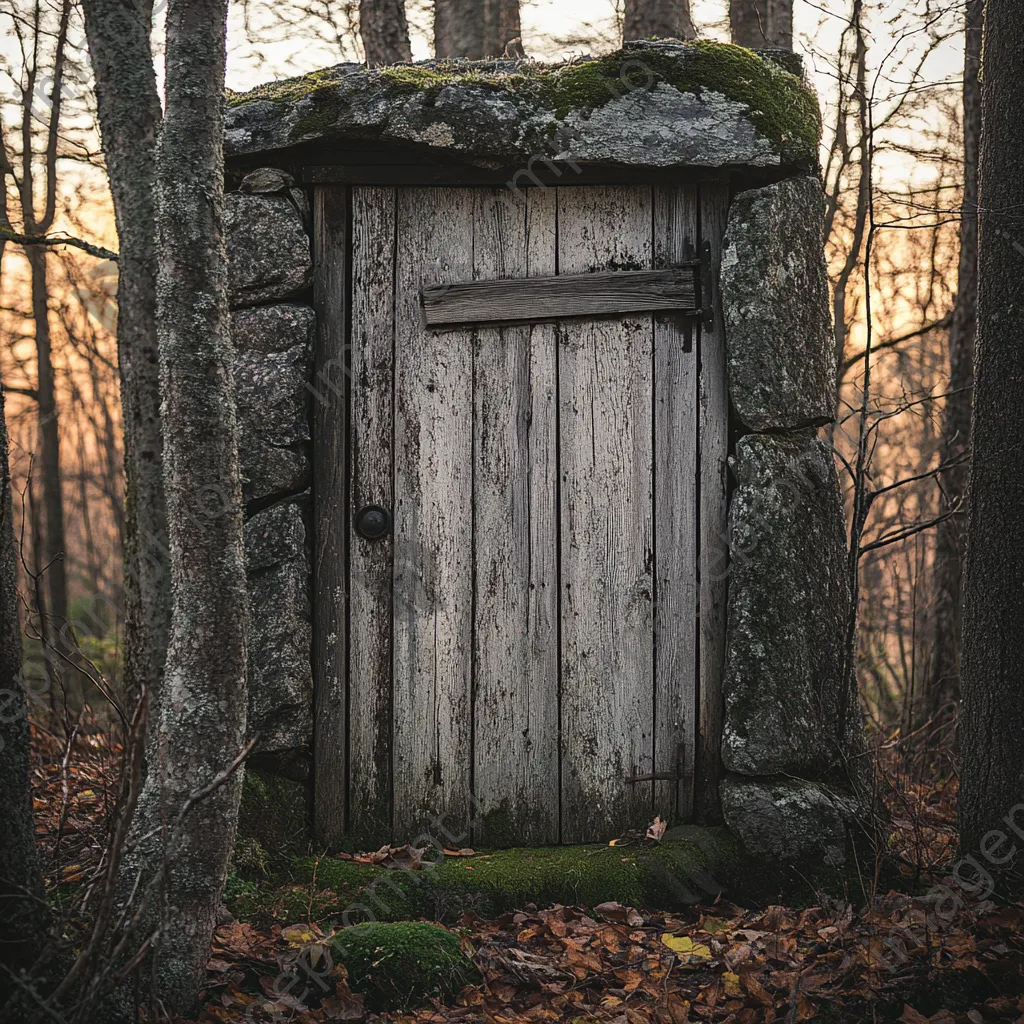 Close-up of weathered wooden door of root cellar. - Image 1