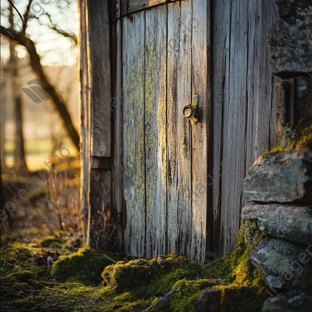 Close-up of weathered wooden door of root cellar. - Image 2