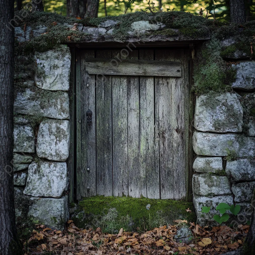Close-up of weathered wooden door of root cellar. - Image 3