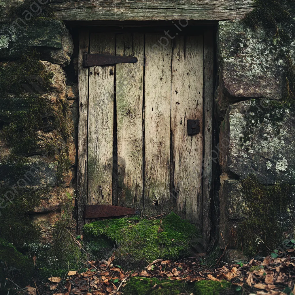 Close-up of weathered wooden door of root cellar. - Image 4